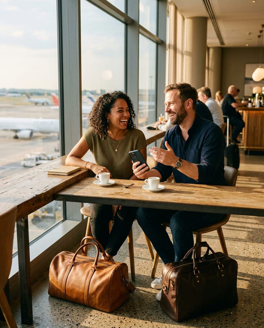 Two friends laughing in a sunlit airport lounge with planes on the tarmac behind them.