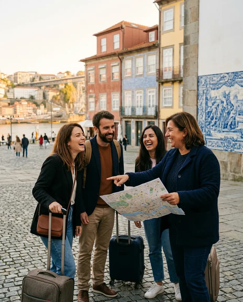 A small group of visitors arriving in a sunlit Porto plaza at golden hour, being warmly welcomed by a local host.
