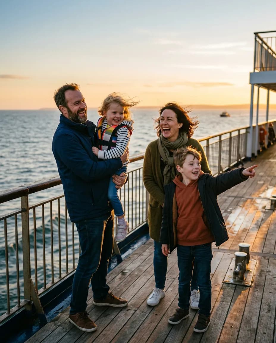 A family of four laughing on a ferry deck at golden hour, the father lifting the younger child to see over the rail.