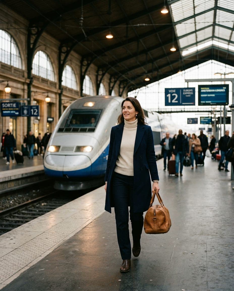 A businesswoman walking along a Paris train platform with a Eurostar visible behind her.