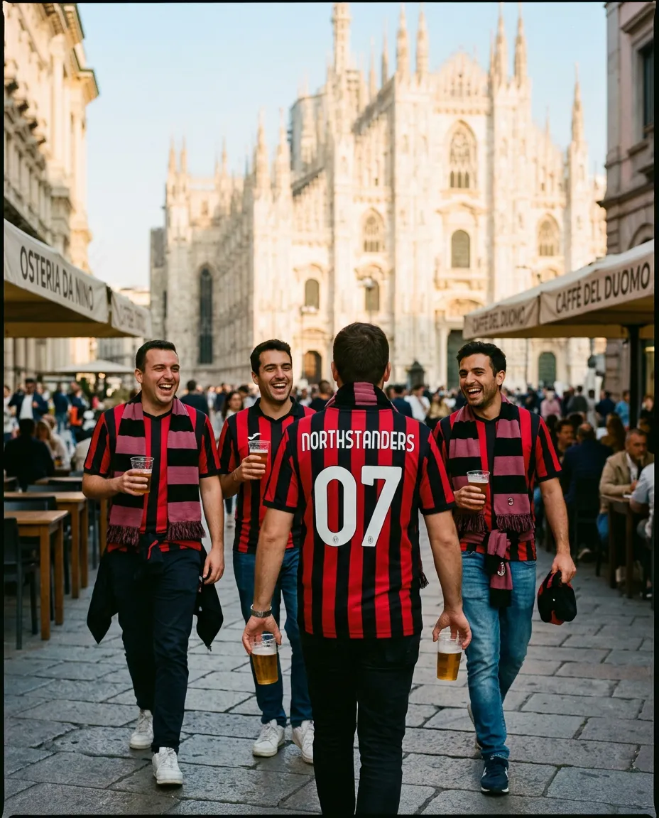 A group of football supporters in away kits laughing on a Milan street with the Duomo cathedral behind them.