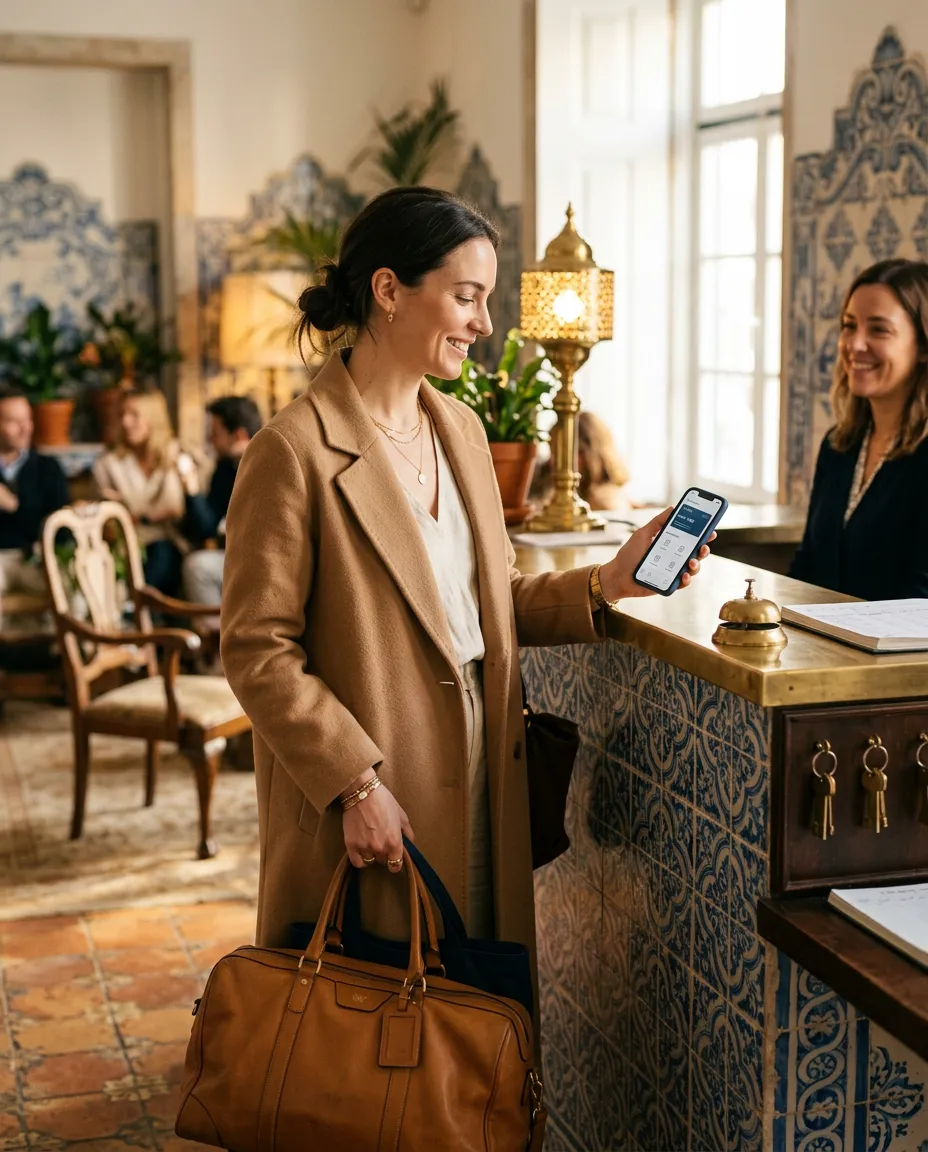 A loyalty-programme member checking in at a sunlit Lisbon boutique-hotel lobby, holding a phone showing a premium rewards app.